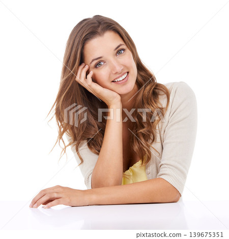 Studio, relax or woman in portrait with beauty, wellness or smile isolated on white background. Happy portrait, table and female person with hands on face for confidence or natural skincare on break 139675351