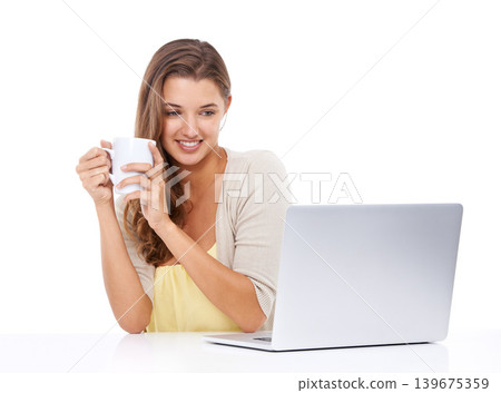 Laptop, coffee or happy woman in studio for streaming on social media, blog or copywriting research. Freelancer, smile or female person editing online isolated on a white background on break to relax Laptop, coffee or happy woman in studio for streaming on social media, blog or copywriting research. Freelancer, smile or female person editing online isolated on a white background on break to relax 139675359