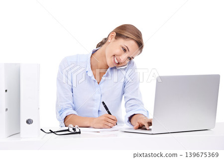 Computer, phone call and woman writing in studio for appointment information at secretary desk. Communication, notebook and female receptionist on mobile conversation with laptop by white background. Computer, phone call and woman writing in studio for appointment information at secretary desk. Communication, notebook and female receptionist on mobile conversation with laptop by white background. 139675369