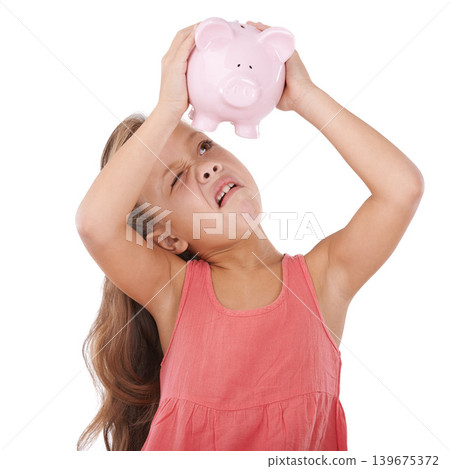 Girl child, piggy bank and shake for savings, studio and thinking with search for money by white background. Confused kid, container or animal toys for coins, cash or learning for financial education Girl child, piggy bank and shake for savings, studio and thinking with search for money by white background. Confused kid, container or animal toys for coins, cash or learning for financial education 139675372