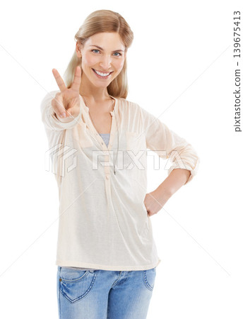 Smile, peace sign and portrait of woman in studio isolated on a white background. Happy, fingers and v hand gesture, emoji and young model with symbol for victory, success and winning on social media 139675413