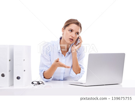 Laptop, stress and woman on a phone call in studio for appointment information at secretary desk. Communication, upset and female receptionist on mobile conversation with computer by white background 139675755