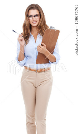 Portrait, smile for checklist and woman with clipboard in studio isolated on white background for information. Survey, documents and questionnaire with happy young accountant, agent or auditor Portrait, smile for checklist and woman with clipboard in studio isolated on white background for information. Survey, documents and questionnaire with happy young accountant, agent or auditor 139675763