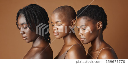 Skincare, beauty and young black women in studio with glowing, natural and facial routine. Wellness, cosmetic and portrait of African female friends with dermatology treatment by brown background. Skincare, beauty and young black women in studio with glowing, natural and facial routine. Wellness, cosmetic and portrait of African female friends with dermatology treatment by brown background. 139675778