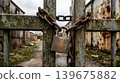 Weathered Bronze Padlock Securing A Heavy Iron Chain Outdoors 139675882