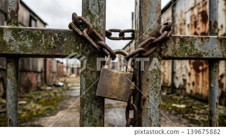 Weathered Bronze Padlock Securing A Heavy Iron Chain Outdoors Weathered Bronze Padlock Securing A Heavy Iron Chain Outdoors 139675882