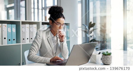 Thinking, laptop and typing business woman, bank consultant or working on research report, project or solution. Computer, administration analysis and professional person reading online account data 139676170