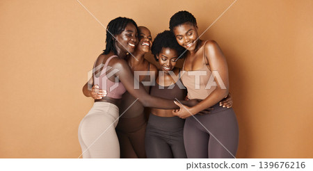 Hug, face or African models with skincare, glowing skin or results isolated on brown background. Facial dermatology, friends or natural beauty cosmetics in studio with black women or happy people Hug, face or African models with skincare, glowing skin or results isolated on brown background. Facial dermatology, friends or natural beauty cosmetics in studio with black women or happy people 139676216