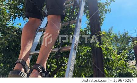 Male labor climb a ladder attached to utility pole while hold drill, preparing to install equipment. Worker perform installation work at height carefully securing components during construction tasks Male labor climb a ladder attached to utility pole while hold drill, preparing to install equipment. Worker perform installation work at height carefully securing components during construction tasks 139676294