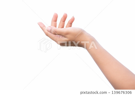 Female Hand Palm Up Isolated on White Background, Concept of Product Presentation or Protection Female Hand Palm Up Isolated on White Background, Concept of Product Presentation or Protection 139676306