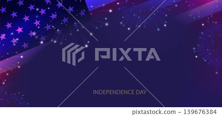 American Independence Day. Holiday card with a silhouette of the US flag and fireworks American Independence Day. Holiday card with a silhouette of the US flag and fireworks 139676384