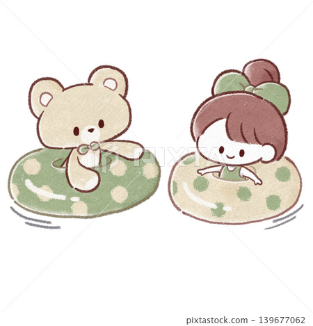 A girl and a bear playing with a polka-dot inflatable ring. A girl and a bear playing with a polka-dot inflatable ring. 139677062