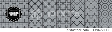 Set of dark gray classic geometric seamless ornamental patterns - symmetric textures. Vector repeatable oriental luxury backgrounds. Elegant vintage prints Set of dark gray classic geometric seamless ornamental patterns - symmetric textures. Vector repeatable oriental luxury backgrounds. Elegant vintage prints 139677115