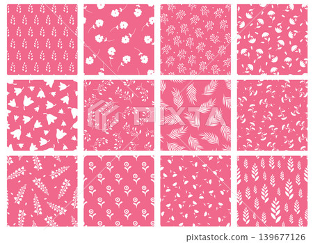Collection of vector beautiful elegant floral seamless patterns. Vintage hand drawn spring nature pink fabric backgrounds with branches, leaves and flowers. Colorful textile drawing prints 139677126
