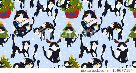 Cat seamless christmas tree cover vector dot pattern bg. Snowflake ornament holiday present funny truck simple wallpaper paper. Red garland pink trendy illustration xmas stock. 139677194