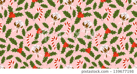 Holly winter floral mistletoe cover pattern with christmas vector seamless. Bg for festive design composition features red berries. Green leaves on forest paper background. 139677198
