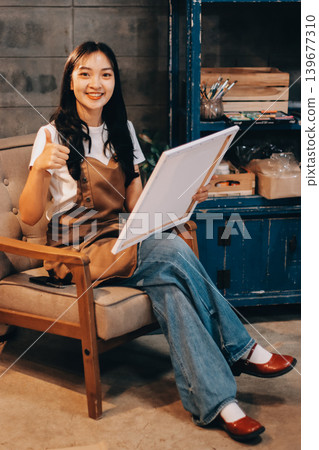 Female artist wears black hat posing near picture indoor the studio Female artist wears black hat posing near picture indoor the studio 139677310