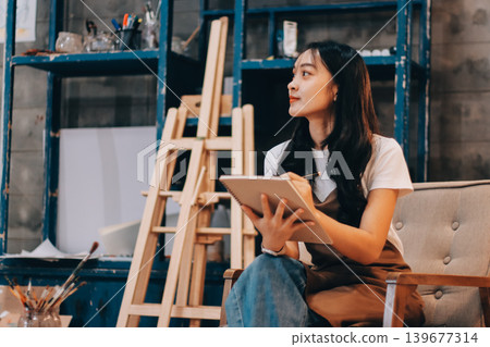 Female artist wears black hat posing near picture indoor the studio 139677314