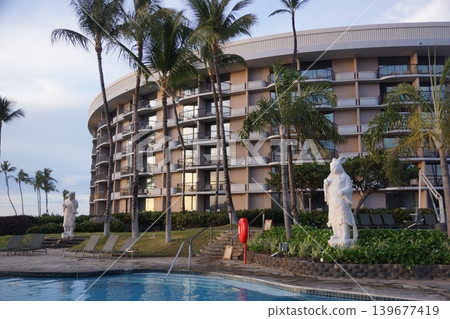 Full exterior view of a resort hotel in Waikoloa, Hawaii Island. 139677419