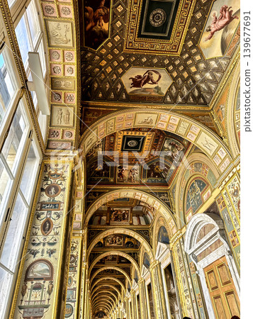 The luxurious interiors of the Raphael Loggia in the Hermitage Museum in St. Petersburg, Russia. The luxurious interiors of the Raphael Loggia in the Hermitage Museum in St. Petersburg, Russia. 139677691