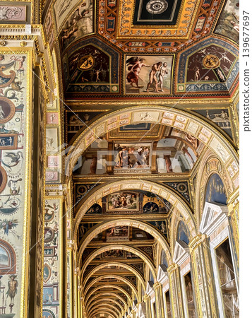 The luxurious interiors of the Raphael Loggia in the Hermitage Museum in St. Petersburg, Russia. The luxurious interiors of the Raphael Loggia in the Hermitage Museum in St. Petersburg, Russia. 139677697