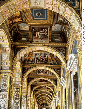 The luxurious interiors of the Raphael Loggia in the Hermitage Museum in St. Petersburg, Russia. The luxurious interiors of the Raphael Loggia in the Hermitage Museum in St. Petersburg, Russia. 139677703