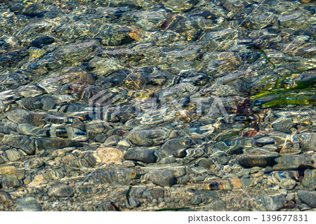 Crystal clear water flowing over pebbles in a sunlit stream Crystal clear water flowing over pebbles in a sunlit stream 139677831