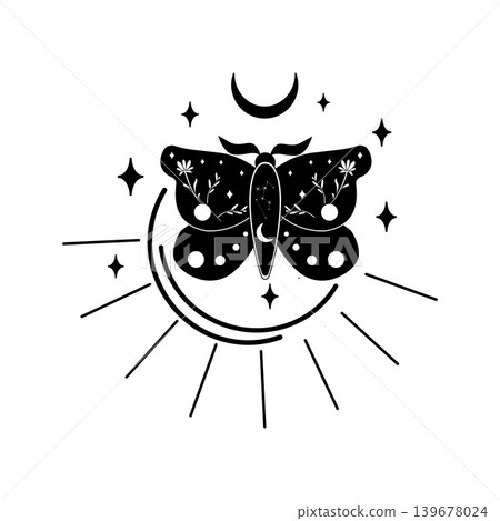 Black and white vector illustration of a butterfly with crescent moon, stars, and radiant lines. Mystical celestial design for tattoo, print, poster, or sticker. 139678024