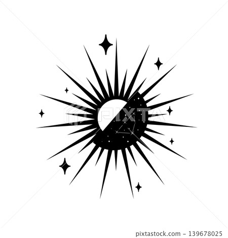 Black and white vector illustration of a radiant sun circle with crescent moon, constellation, and stars. Mystical celestial design for tattoo, print, or poster. 139678025