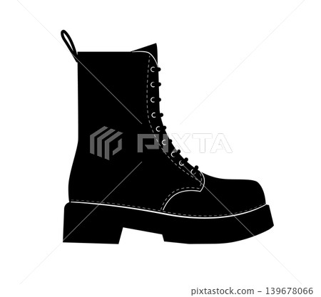Silhouette illustration of military style lace up boots with thick platform sole. Modern fashion footwear vector illustration isolated on white background. Silhouette illustration of military style lace up boots with thick platform sole. Modern fashion footwear vector illustration isolated on white background. 139678066