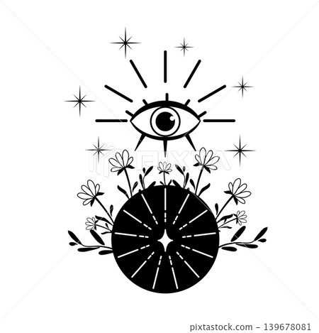 Black and white vector illustration of an eye above a floral radiant circle with stars. Mystical celestial symbol for tattoo, print, poster, or logo. Black and white vector illustration of an eye above a floral radiant circle with stars. Mystical celestial symbol for tattoo, print, poster, or logo. 139678081
