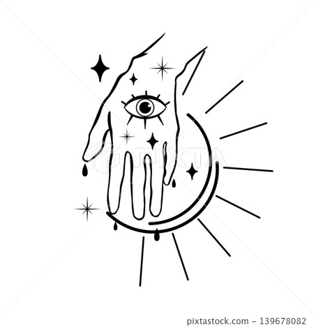 Black and white vector illustration of a hand with an eye, crescent moon, radiant lines, and drops. Mystical celestial design for tattoo, print, or poster. Black and white vector illustration of a hand with an eye, crescent moon, radiant lines, and drops. Mystical celestial design for tattoo, print, or poster. 139678082