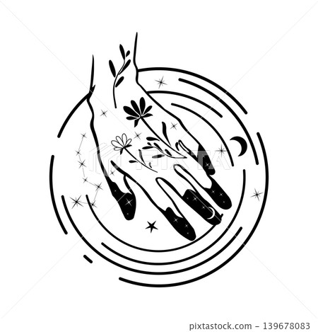 Black and white vector illustration of a hand with floral elements, stars, and circular lines. Minimal mystical composition for tattoo, print, poster, or logo. Black and white vector illustration of a hand with floral elements, stars, and circular lines. Minimal mystical composition for tattoo, print, poster, or logo. 139678083