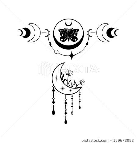 Black and white vector illustration of crescent moons, butterfly, flowers, and hanging beads. Decorative celestial design for tattoo, print, sticker, or poster. Black and white vector illustration of crescent moons, butterfly, flowers, and hanging beads. Decorative celestial design for tattoo, print, sticker, or poster. 139678098