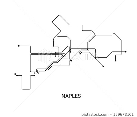 Minimal black and white vector illustration of an approximate Naples metro map with route lines and station dots. 139678101
