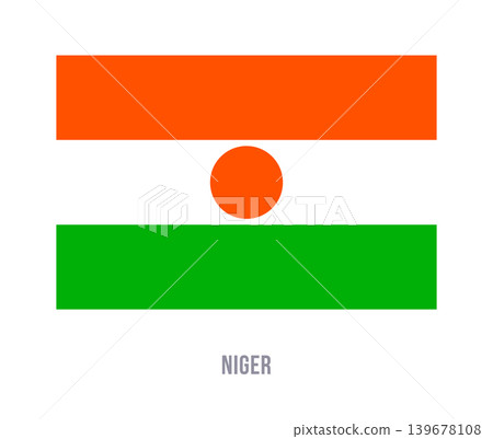 Flat vector illustration of the Niger national flag with orange, white, and green horizontal stripes plus central orange circle for symbol design. Flat vector illustration of the Niger national flag with orange, white, and green horizontal stripes plus central orange circle for symbol design. 139678108