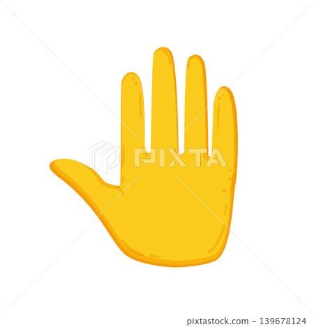 Flat vector illustration of a yellow open hand with spread fingers. Simple gesture icon for greeting, attention, stop, openness, or communication. Flat vector illustration of a yellow open hand with spread fingers. Simple gesture icon for greeting, attention, stop, openness, or communication. 139678124