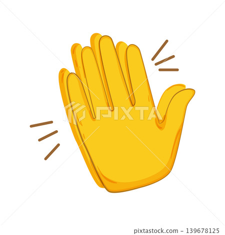 Vector illustration of a yellow open palm gesture with motion lines. Flat icon for stop, greeting, attention, or hand signal use. 139678125