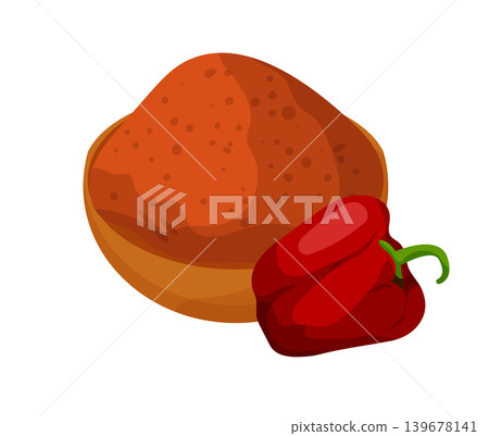 Cartoon vector illustration of paprika powder with red bell pepper isolated on a white background for spice design. Cartoon vector illustration of paprika powder with red bell pepper isolated on a white background for spice design. 139678141