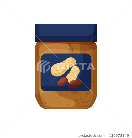 Cartoon vector illustration of a peanut butter jar isolated on a white background for nut spread product design. Cartoon vector illustration of a peanut butter jar isolated on a white background for nut spread product design. 139678149