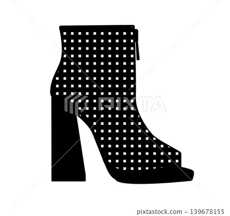 Silhouette illustration of perforated ankle boots with block heel and side zipper. Fashion footwear vector illustration isolated on white background. Silhouette illustration of perforated ankle boots with block heel and side zipper. Fashion footwear vector illustration isolated on white background. 139678155