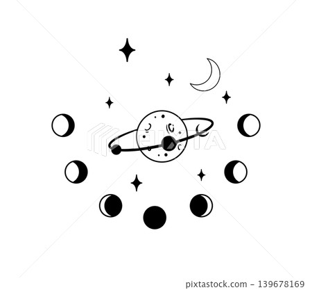 Black and white vector illustration of a ringed planet with moon phases and stars. Minimal celestial design for tattoo, print, poster, or logo. Black and white vector illustration of a ringed planet with moon phases and stars. Minimal celestial design for tattoo, print, poster, or logo. 139678169