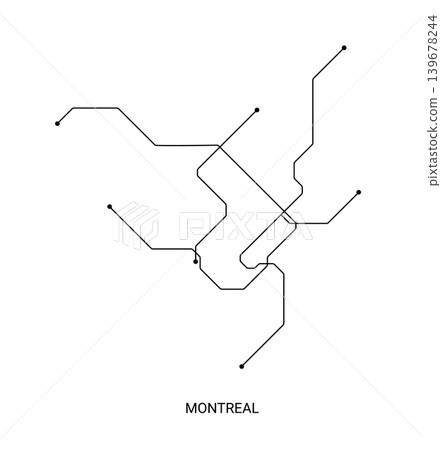 Minimal black and white vector illustration of an approximate Montreal metro map with clean lines and station dots. 139678244