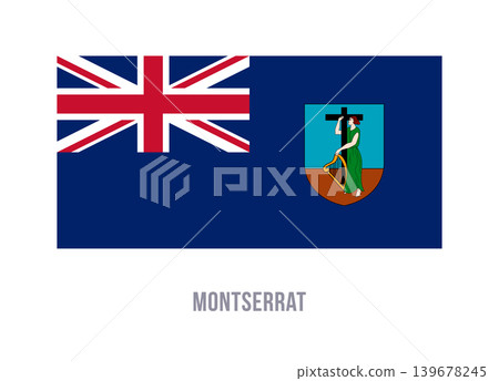 Flat vector illustration of the Montserrat flag with blue field, union canton, and shield emblem for territory symbol design. Flat vector illustration of the Montserrat flag with blue field, union canton, and shield emblem for territory symbol design. 139678245