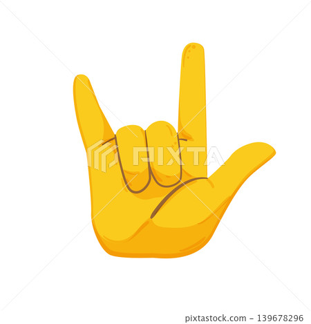 Flat vector illustration of a yellow hand showing an I love you gesture. Symbol for affection, sign language, support, communication, or emotional expression. Flat vector illustration of a yellow hand showing an I love you gesture. Symbol for affection, sign language, support, communication, or emotional expression. 139678296