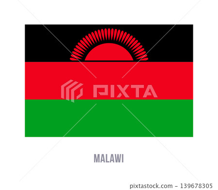 Flat vector illustration of the Malawi national flag with black, red, and green horizontal stripes plus rising red sun for country symbol design. 139678305
