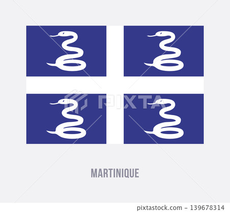 Flat vector illustration of the Martinique flag with blue quarters, white cross, and white snakes for territory symbol design. Flat vector illustration of the Martinique flag with blue quarters, white cross, and white snakes for territory symbol design. 139678314