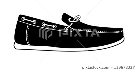 Black silhouette of classic mens boat shoe with side lacing and eyelets. Vector illustration of casual nautical footwear isolated on white background. Black silhouette of classic mens boat shoe with side lacing and eyelets. Vector illustration of casual nautical footwear isolated on white background. 139678327