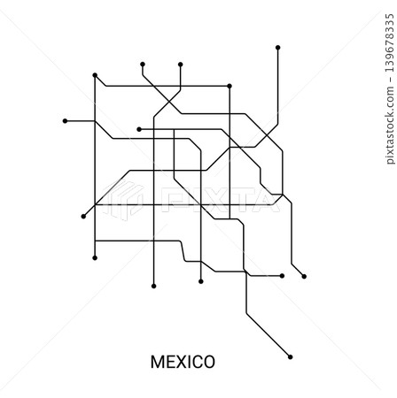 Minimal black and white vector illustration of an approximate Mexico metro map with route lines and station points. Minimal black and white vector illustration of an approximate Mexico metro map with route lines and station points. 139678335