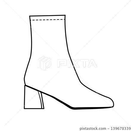 Line outline illustration of ankle boots with mid block heel and slim shaft. Fashion footwear vector illustration isolated on white background. 139678339